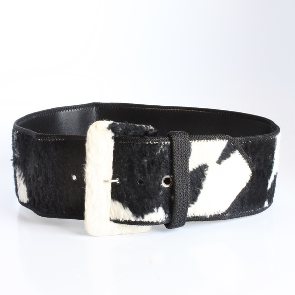 Vintage Norma Kamali OMO Cow Print Wide Belt Black White Faux Fur Leather 90s main image 5